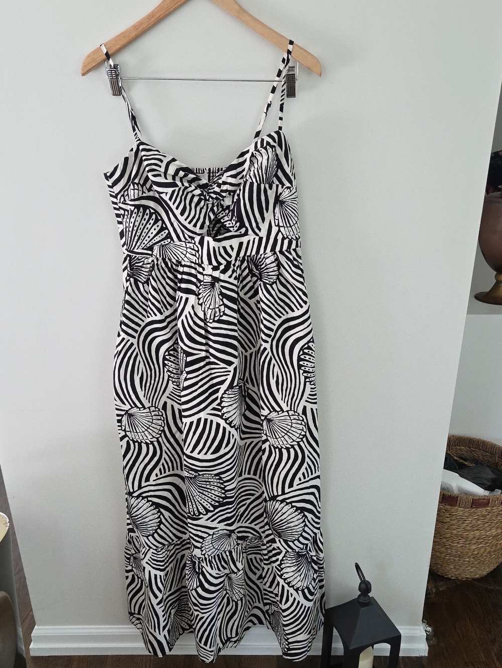 NWT LOFT Beach Black and White Cotton Maxi Dress W/ Seashell Pattern & Pockets